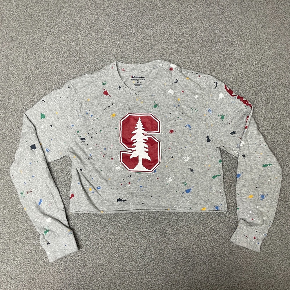Champion stanford long Sleeve Cropped Tee T Shirt Size‎ Gray Logo Womens medium